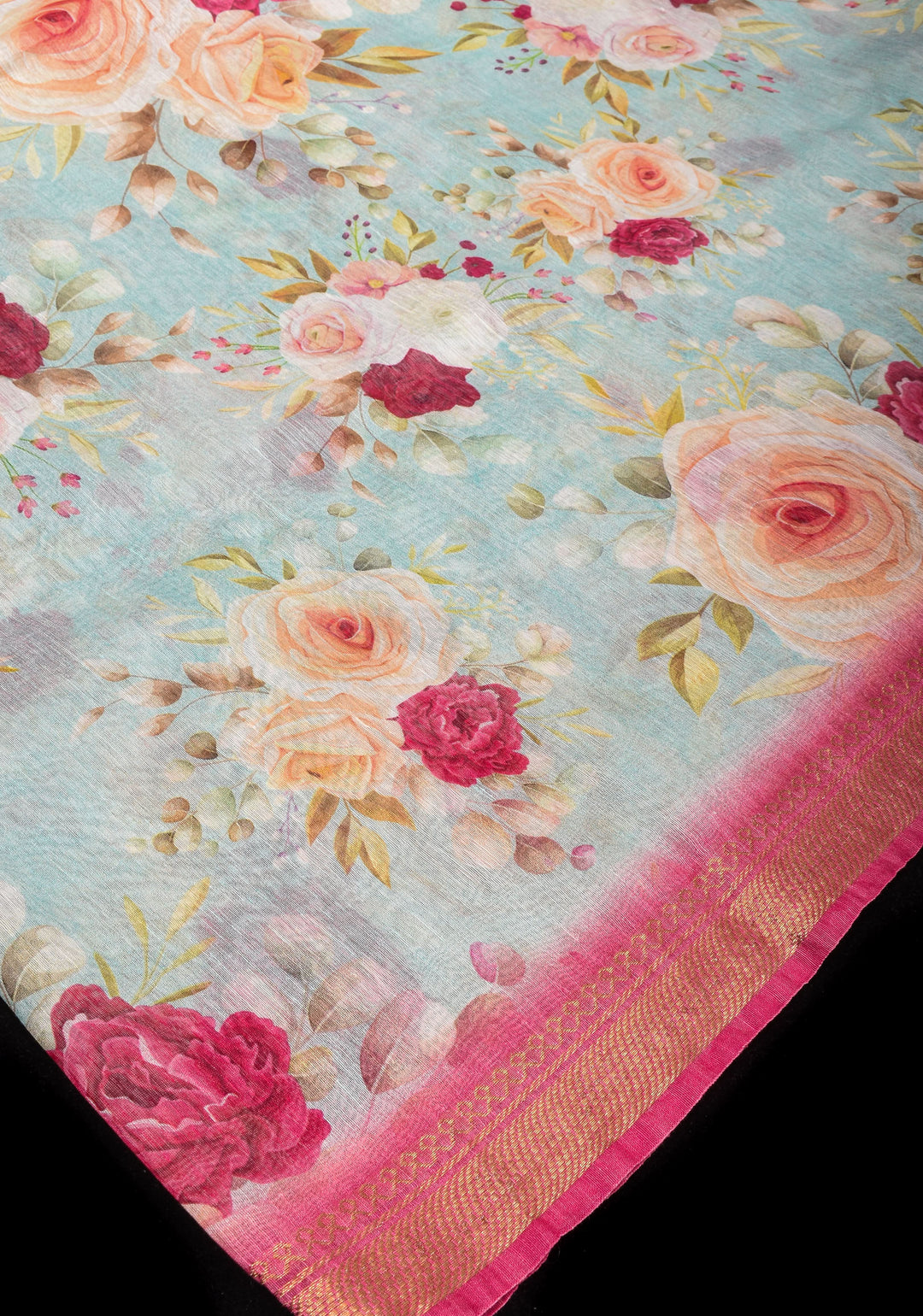 Victorian garden: Light Blue Silk Linen Saree with Rose Floral Digital print , Contrast Pink Zari Borders