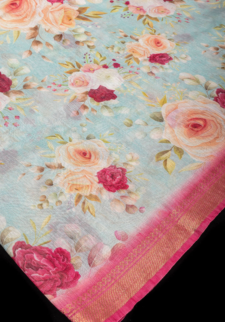 Victorian garden: Light Blue Silk Linen Saree with Rose Floral Digital print , Contrast Pink Zari Borders