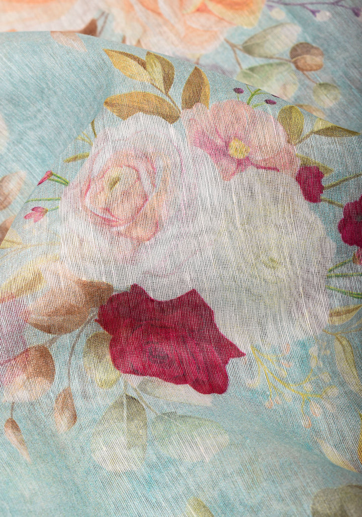 Victorian garden: Light Blue Silk Linen Saree with Rose Floral Digital print , Contrast Pink Zari Borders