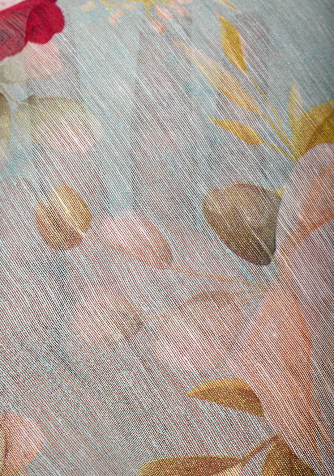 Victorian garden: Light Blue Silk Linen Saree with Rose Floral Digital print , Contrast Pink Zari Borders