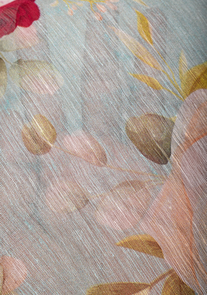 Victorian garden: Light Blue Silk Linen Saree with Rose Floral Digital print , Contrast Pink Zari Borders