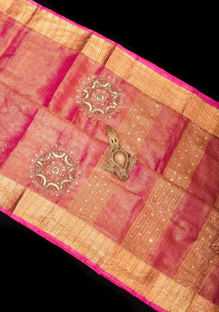 Embroidery cut dana with seqins Work Tissue Linen Saree in Hot Pink with dramatic work Pallu