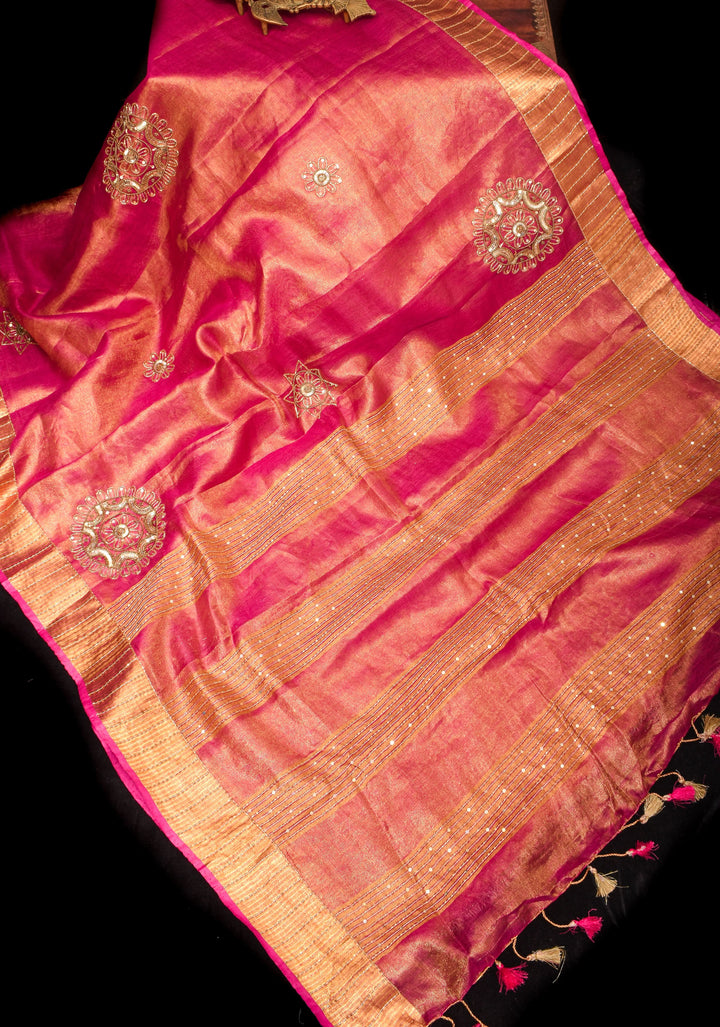 Embroidery cut dana with seqins Work Tissue Linen Saree in Hot Pink with dramatic work Pallu