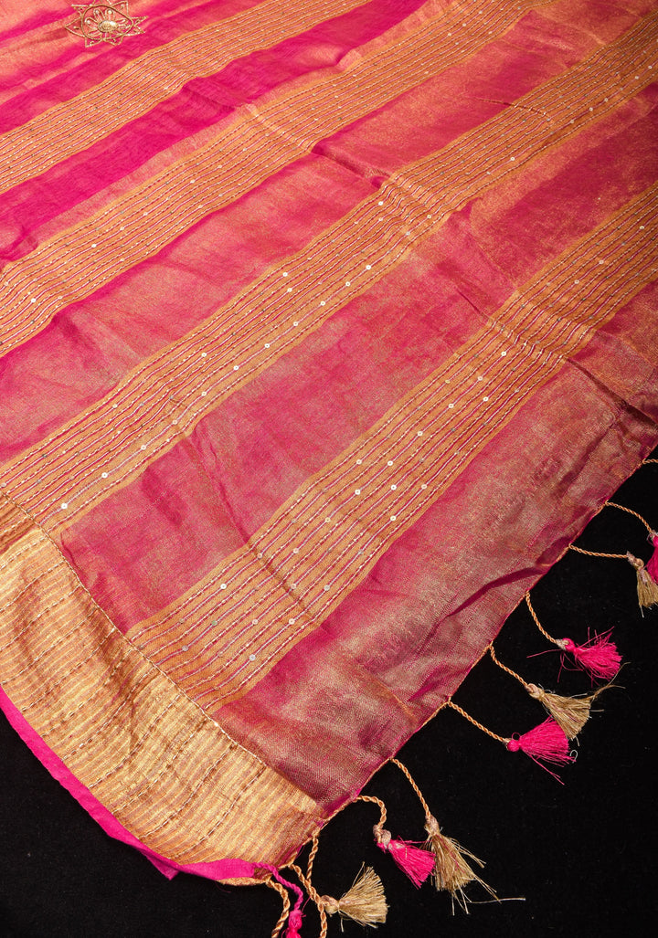 Embroidery cut dana with seqins Work Tissue Linen Saree in Hot Pink with dramatic work Pallu