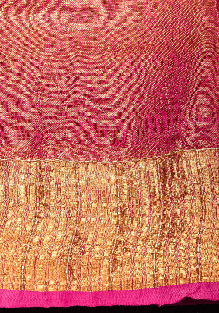 Embroidery cut dana with seqins Work Tissue Linen Saree in Hot Pink with dramatic work Pallu