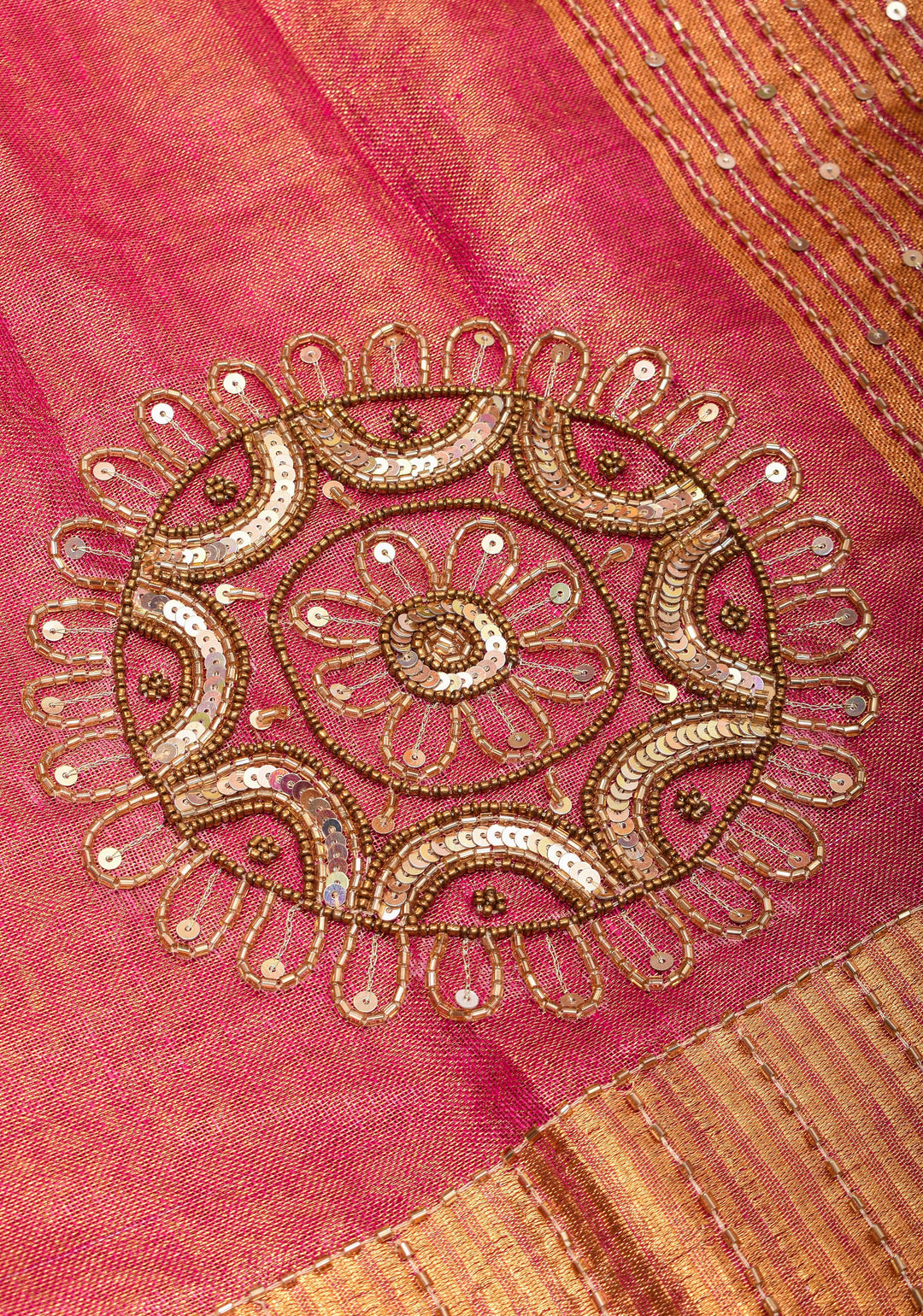 Embroidery cut dana with seqins Work Tissue Linen Saree in Hot Pink with dramatic work Pallu