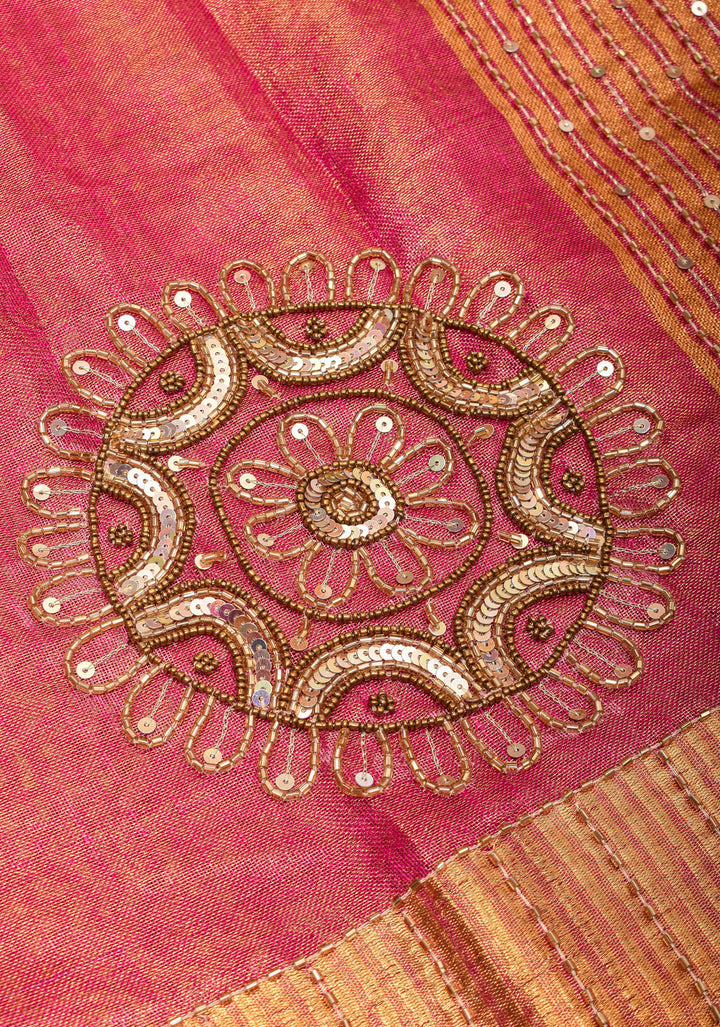 Embroidery cut dana with seqins Work Tissue Linen Saree in Hot Pink with dramatic work Pallu