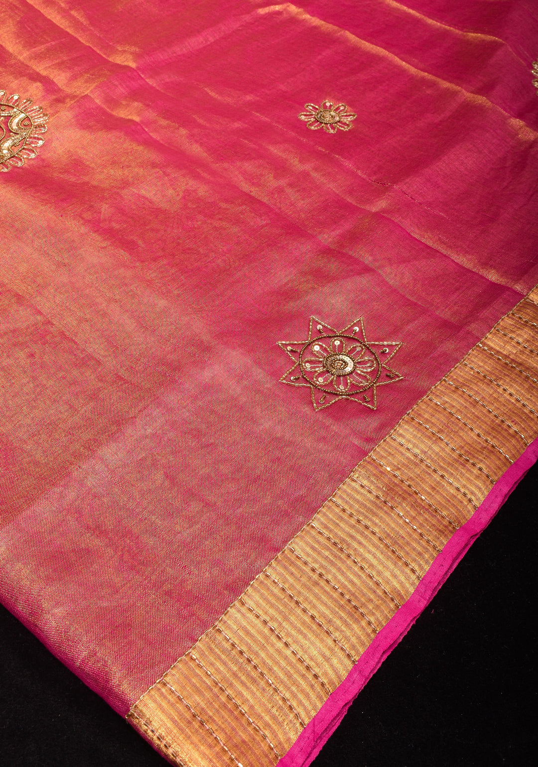 Embroidery cut dana with seqins Work Tissue Linen Saree in Hot Pink with dramatic work Pallu