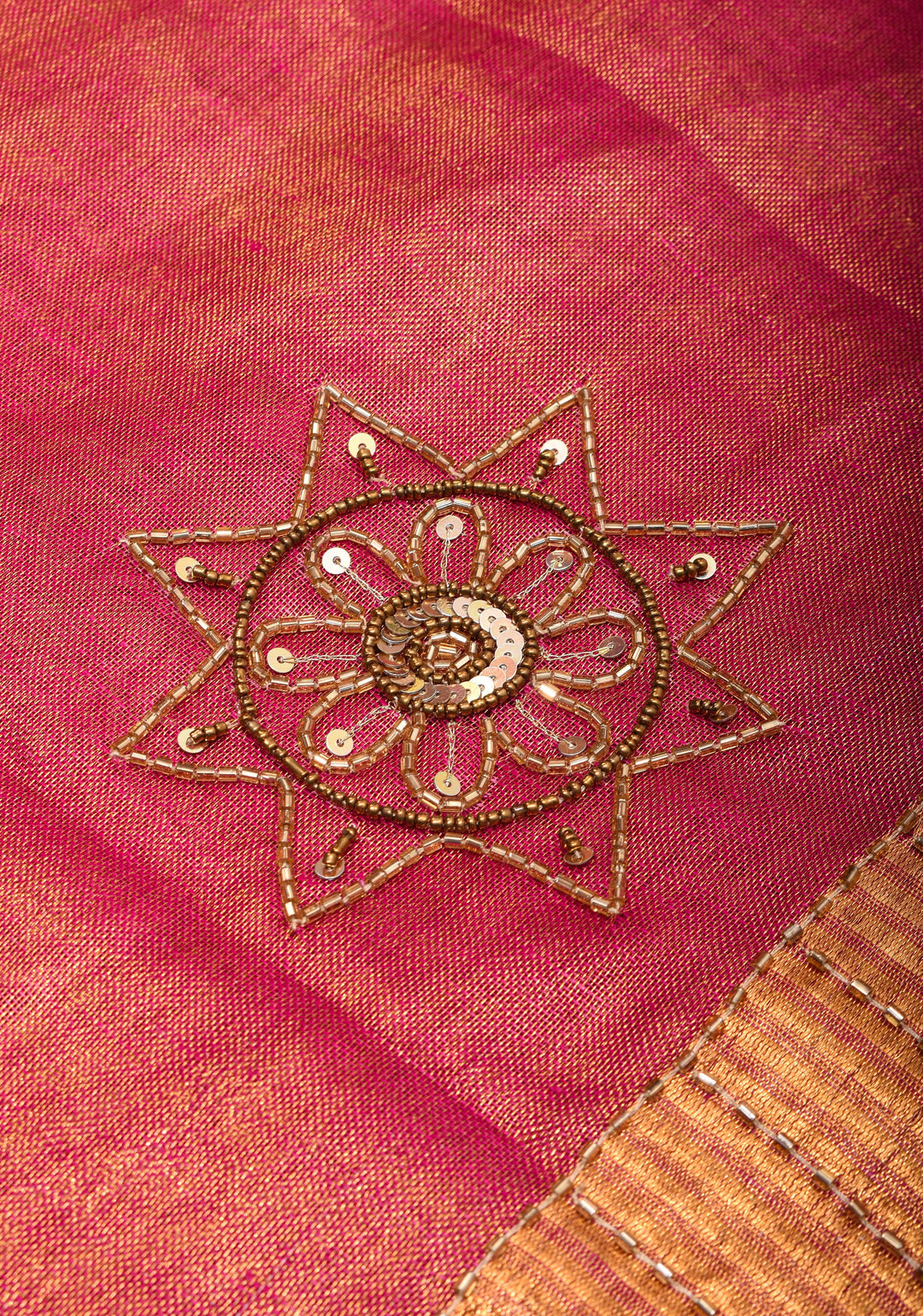 Embroidery cut dana with seqins Work Tissue Linen Saree in Hot Pink with dramatic work Pallu