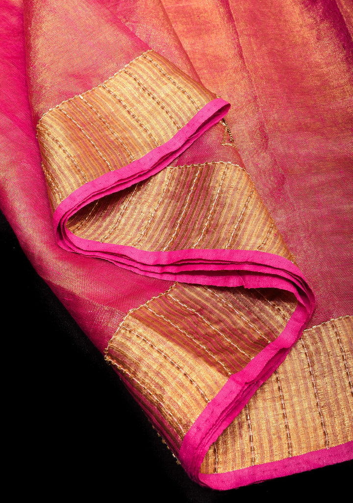 Embroidery cut dana with seqins Work Tissue Linen Saree in Hot Pink with dramatic work Pallu