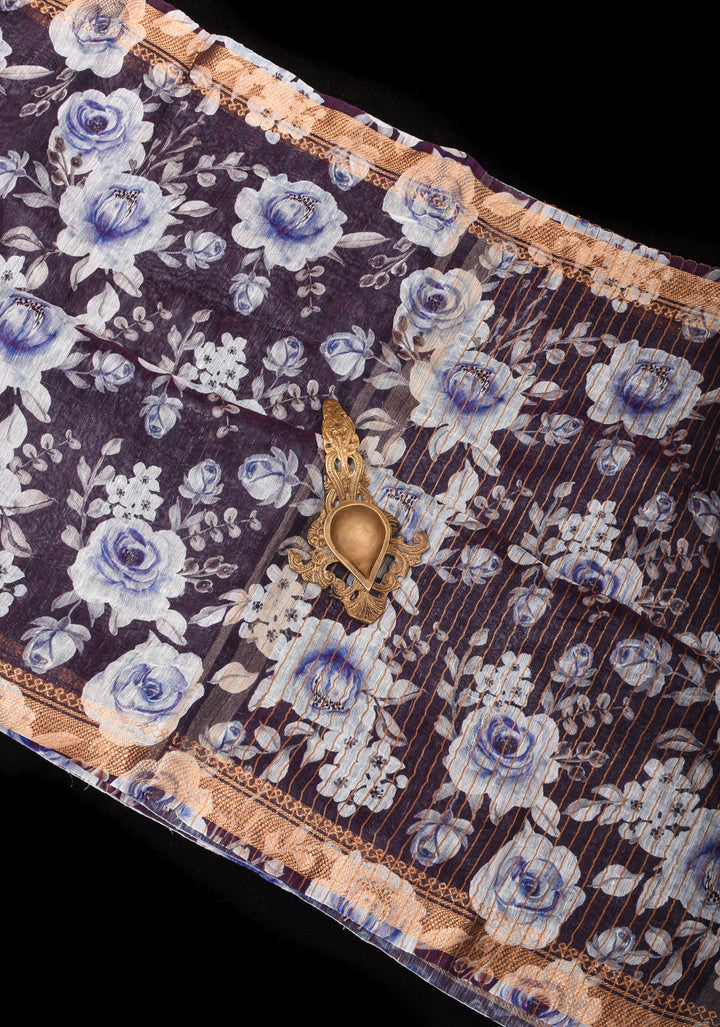 Slate Gray Silk Linen Saree with Rose Floral Digital print With Zari Borders and long tassels
