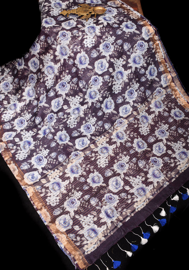 Slate Gray Silk Linen Saree with Rose Floral Digital print With Zari Borders and long tassels