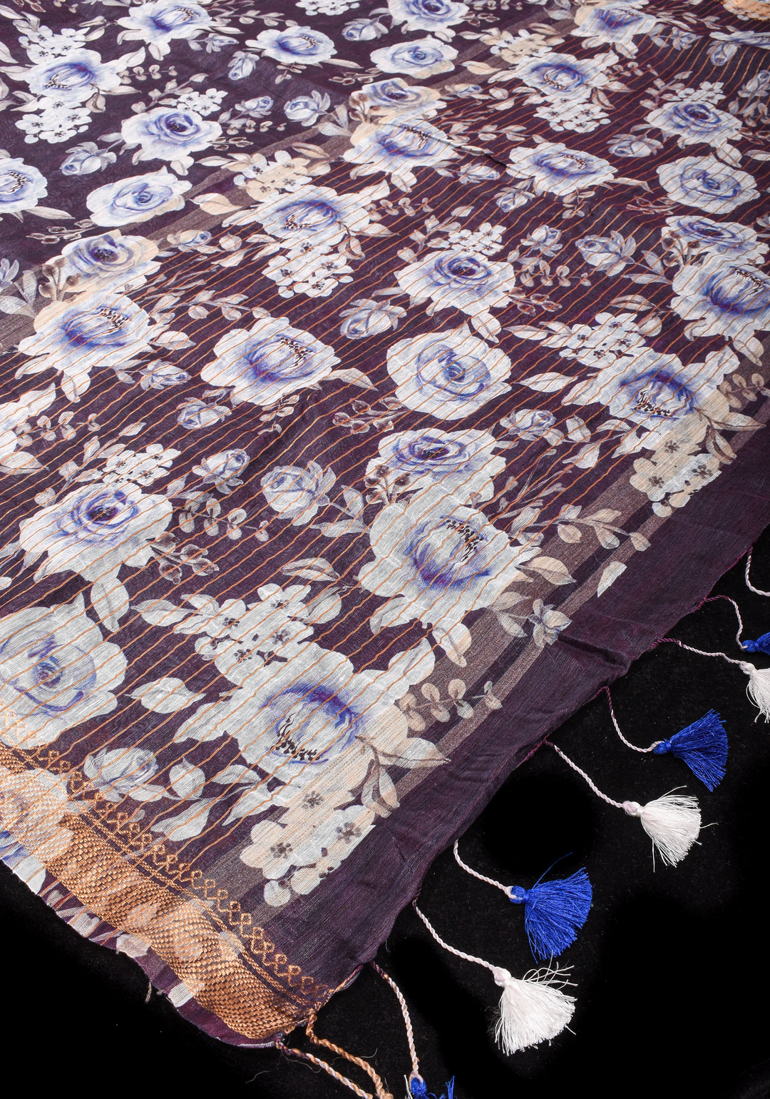 Slate Gray Silk Linen Saree with Rose Floral Digital print With Zari Borders and long tassels