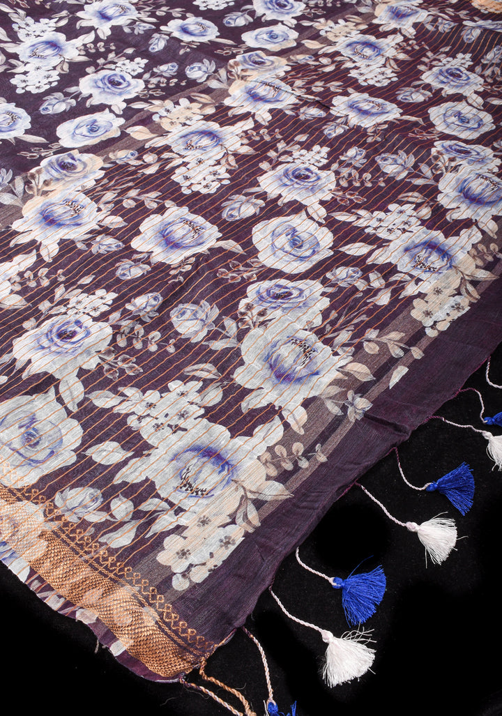 Slate Gray Silk Linen Saree with Rose Floral Digital print With Zari Borders and long tassels