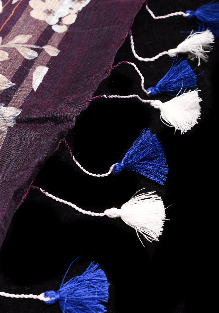 Slate Gray Silk Linen Saree with Rose Floral Digital print With Zari Borders and long tassels