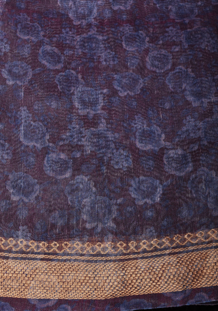 Slate Gray Silk Linen Saree with Rose Floral Digital print With Zari Borders and long tassels