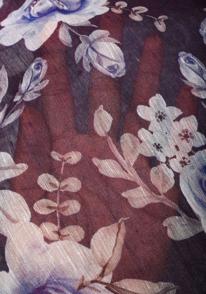 Slate Gray Silk Linen Saree with Rose Floral Digital print With Zari Borders and long tassels