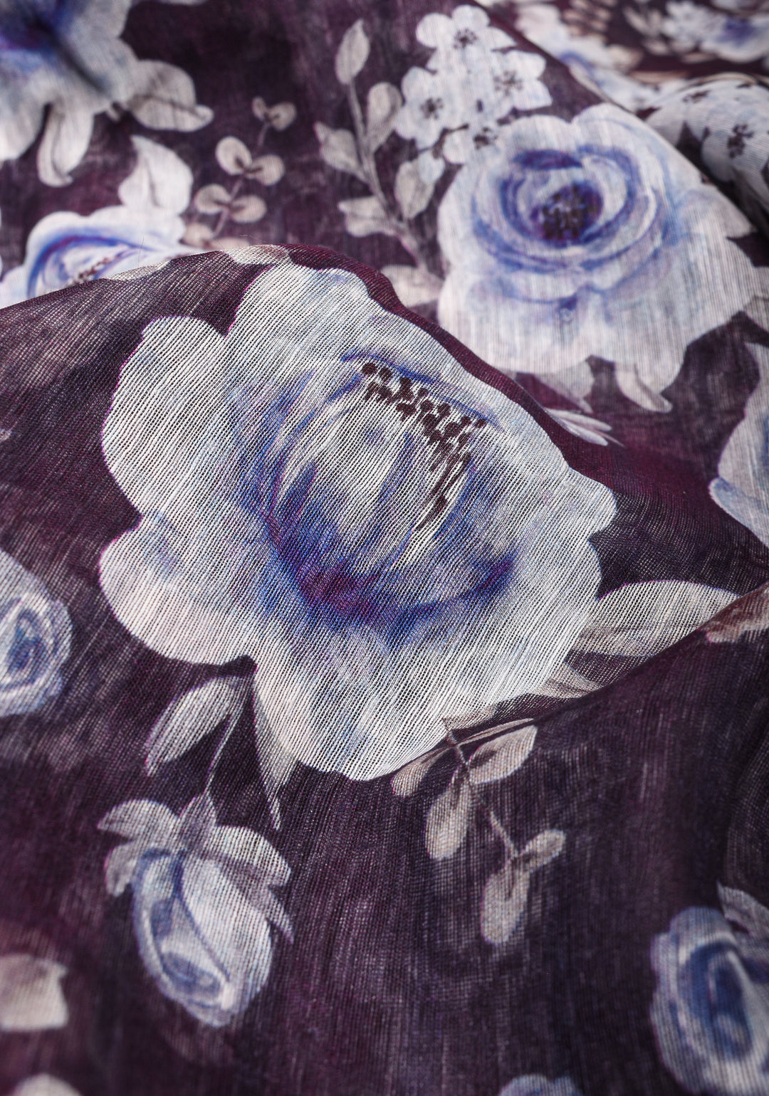 Slate Gray Silk Linen Saree with Rose Floral Digital print With Zari Borders and long tassels