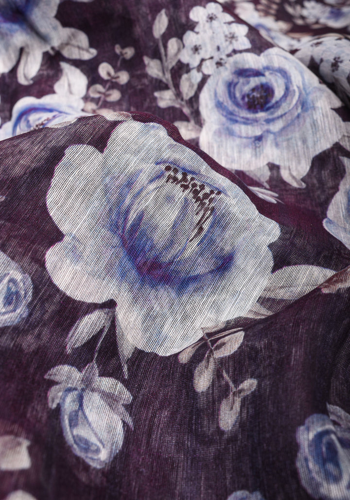 Slate Gray Silk Linen Saree with Rose Floral Digital print With Zari Borders and long tassels
