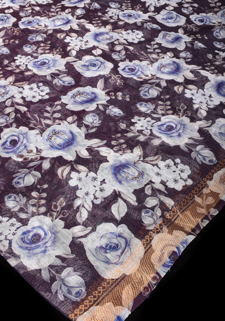 Slate Gray Silk Linen Saree with Rose Floral Digital print With Zari Borders and long tassels