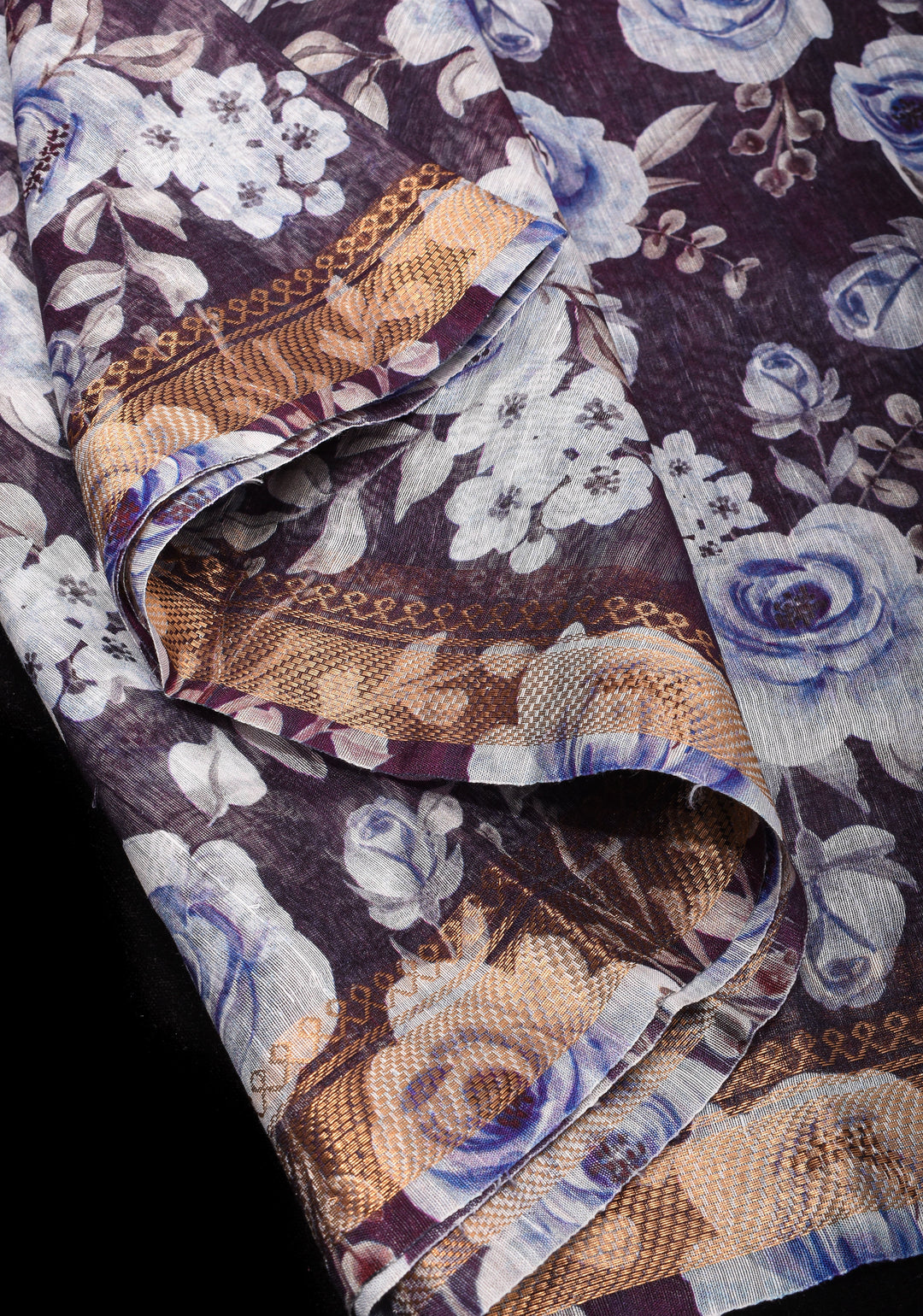 Slate Gray Silk Linen Saree with Rose Floral Digital print With Zari Borders and long tassels