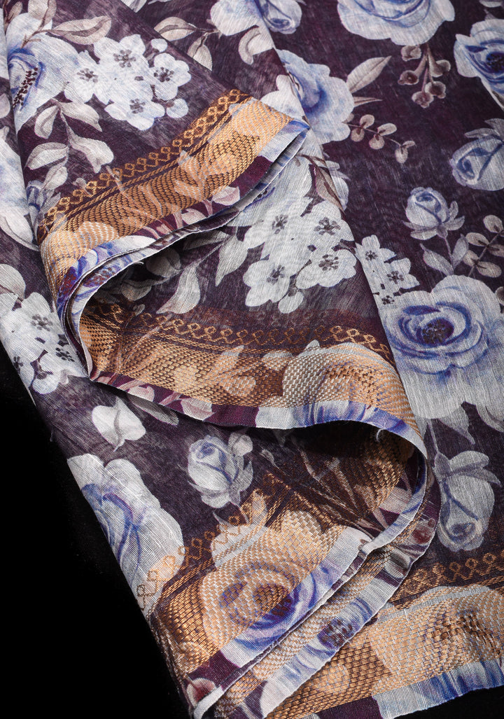 Slate Gray Silk Linen Saree with Rose Floral Digital print With Zari Borders and long tassels