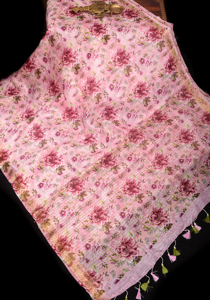 Peony Blooms : Silk Linen Saree in Dusty Pink with Long tassels and Zari Borders