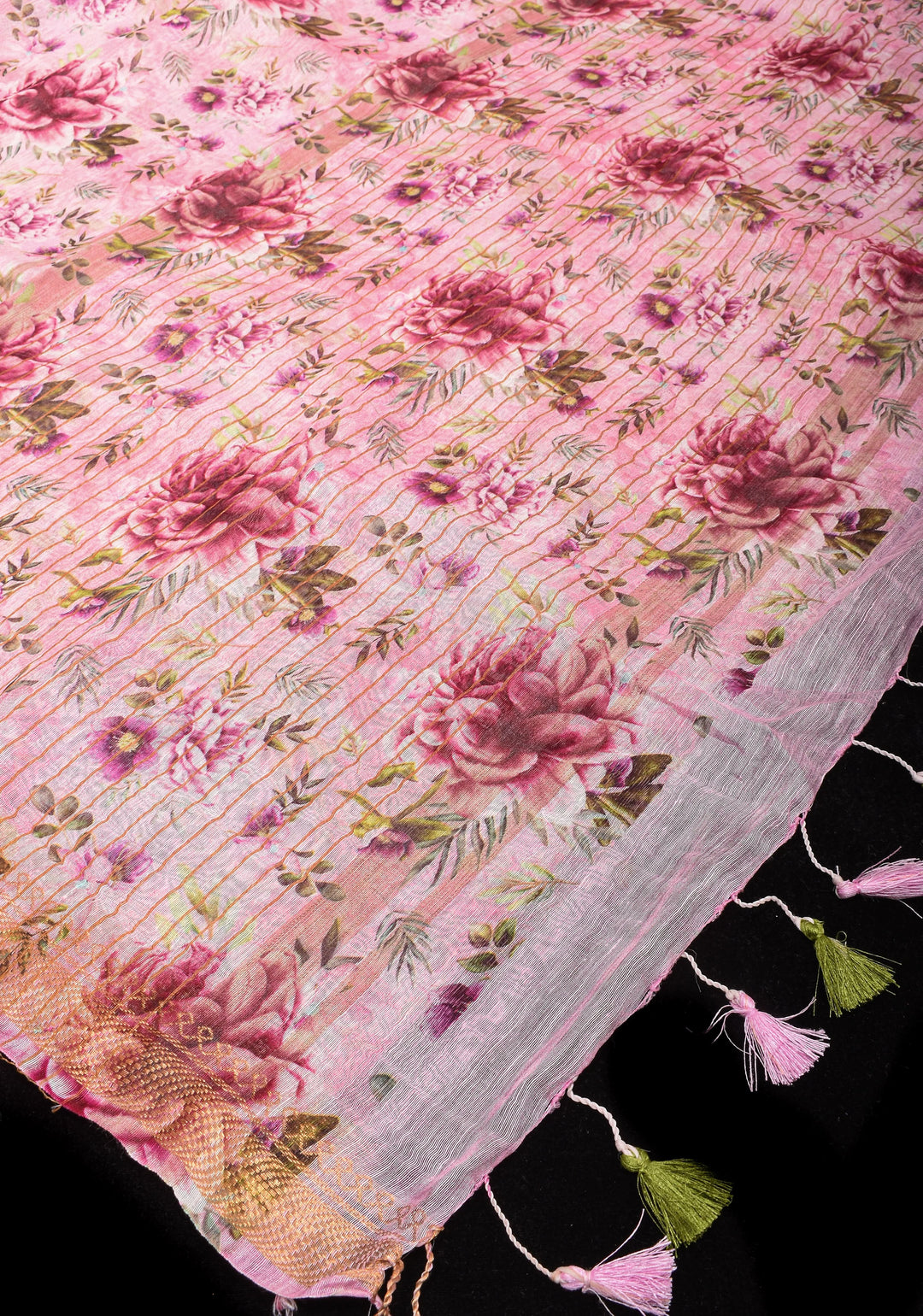 Peony Blooms : Silk Linen Saree in Dusty Pink with Long tassels and Zari Borders