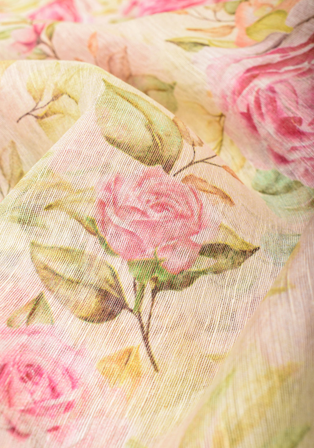 Rose Romance: Silk Linen Saree in Off White with Pink Rose blooms, woven  Zari Borders and Long Tassels
