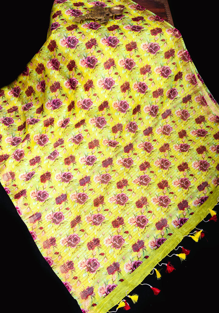 Citrine Silk Linen Saree with Rose Floral Digital print, zari borders and long tassels