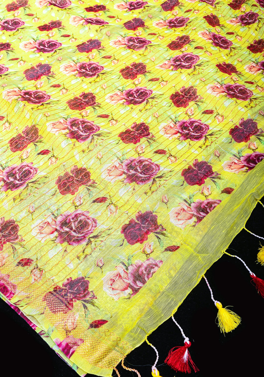 Citrine Silk Linen Saree with Rose Floral Digital print, zari borders and long tassels