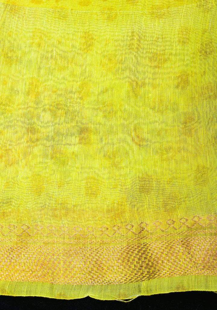 Citrine Silk Linen Saree with Rose Floral Digital print, zari borders and long tassels