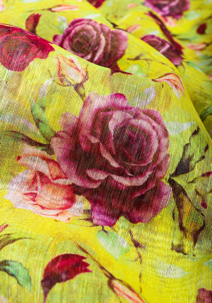 Citrine Silk Linen Saree with Rose Floral Digital print, zari borders and long tassels