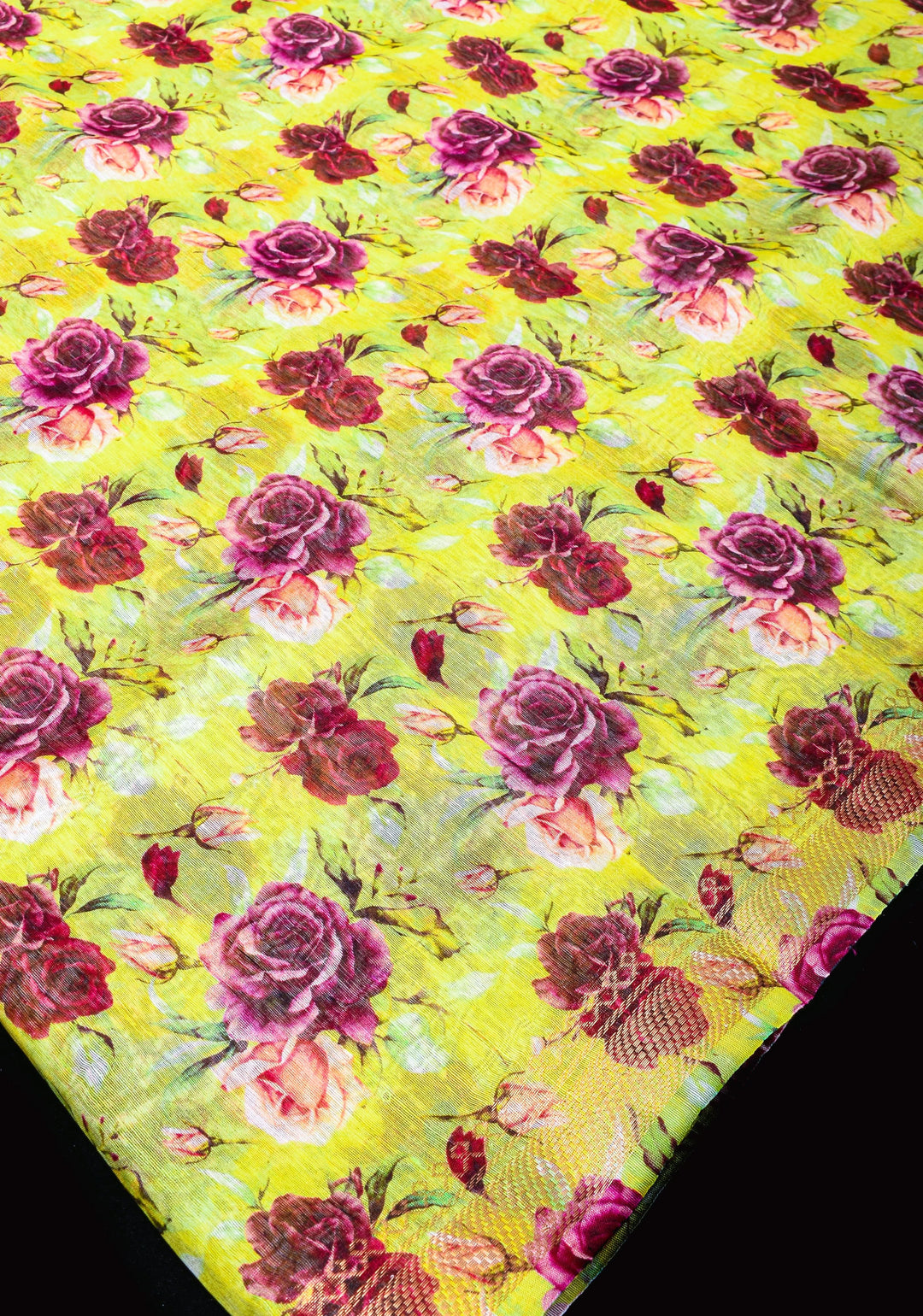 Citrine Silk Linen Saree with Rose Floral Digital print, zari borders and long tassels