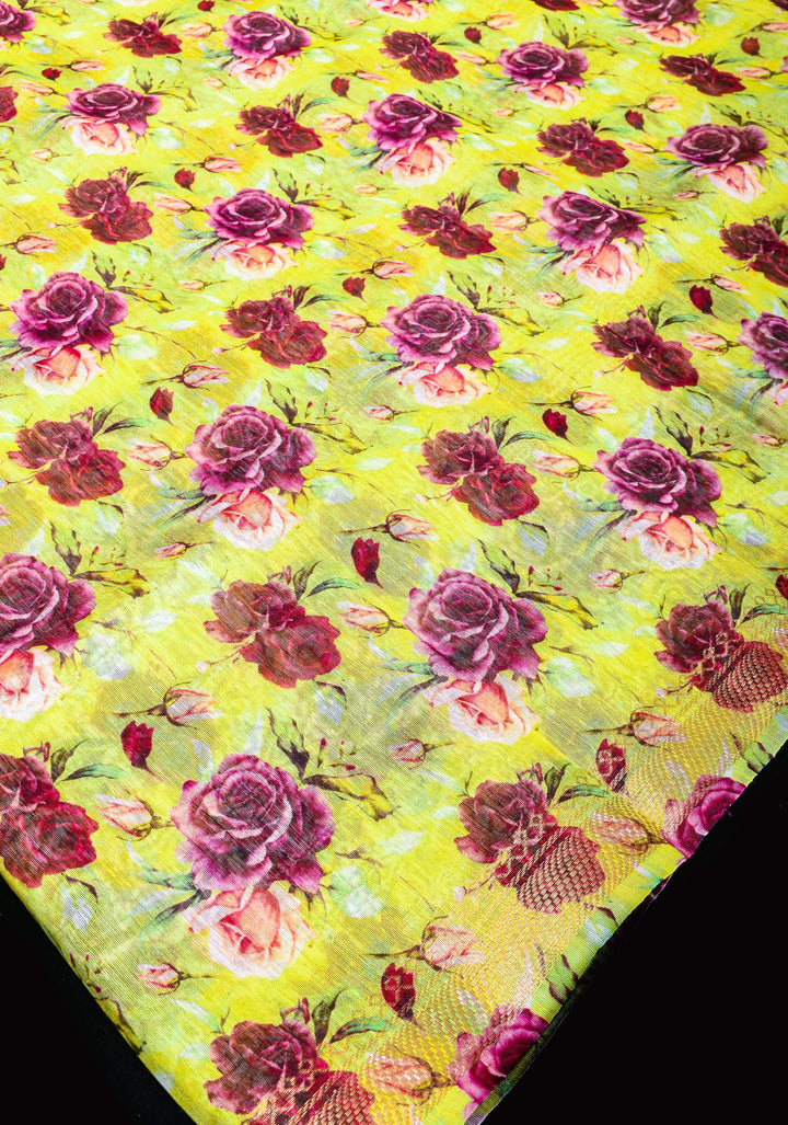 Citrine Silk Linen Saree with Rose Floral Digital print, zari borders and long tassels