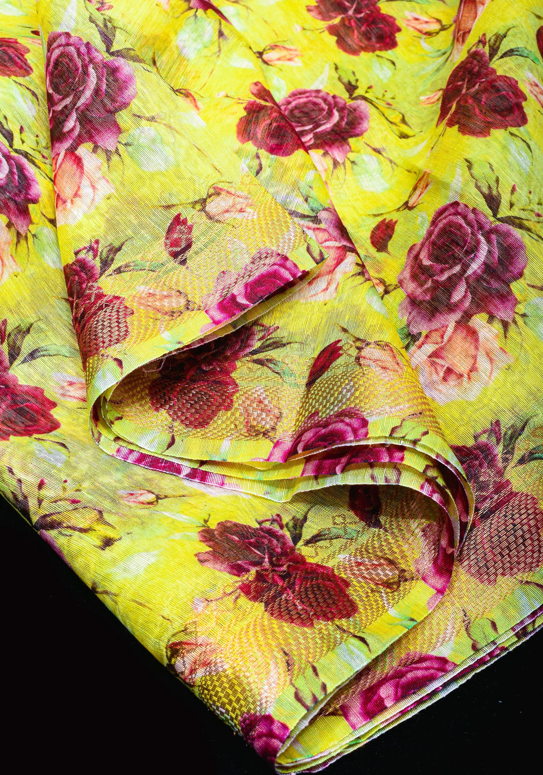 Citrine Silk Linen Saree with Rose Floral Digital print, zari borders and long tassels