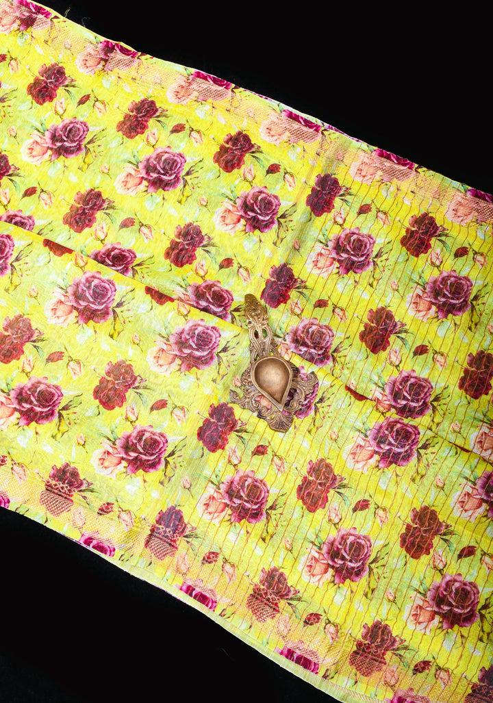 Citrine Silk Linen Saree with Rose Floral Digital print, zari borders and long tassels