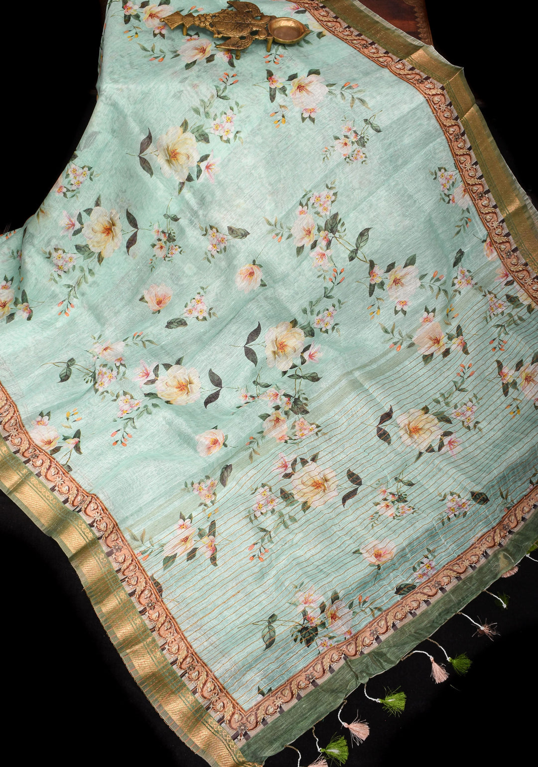 Aqua Silk Linen Saree with Floral Digital Print