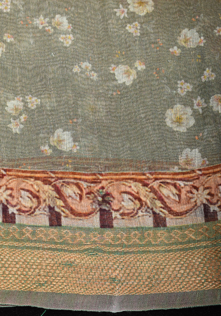 Aqua Silk Linen Saree with Floral Digital Print