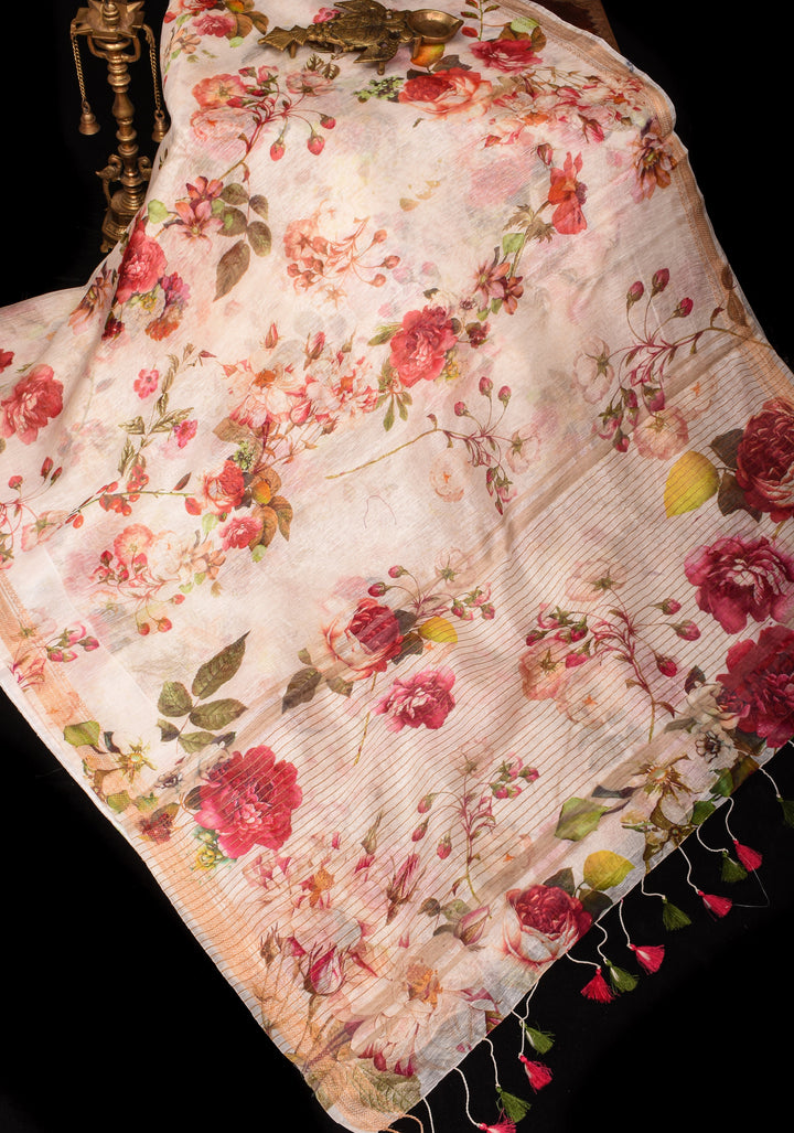 Rose Romance: Silk Linen Saree in Beige with Rose blooms, woven Zari Borders and Long Tassels