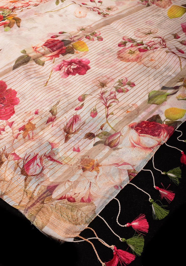 Rose Romance: Silk Linen Saree in Beige with Rose blooms, woven Zari Borders and Long Tassels