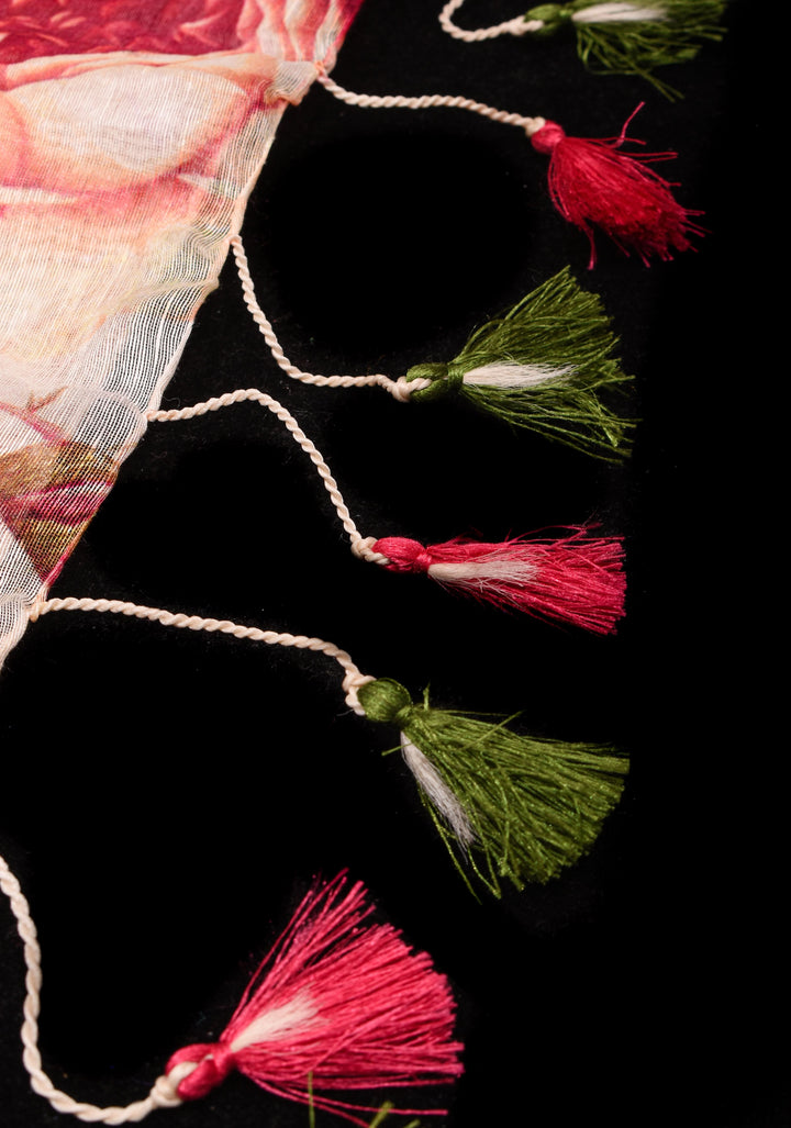 Rose Romance: Silk Linen Saree in Beige with Rose blooms, woven Zari Borders and Long Tassels