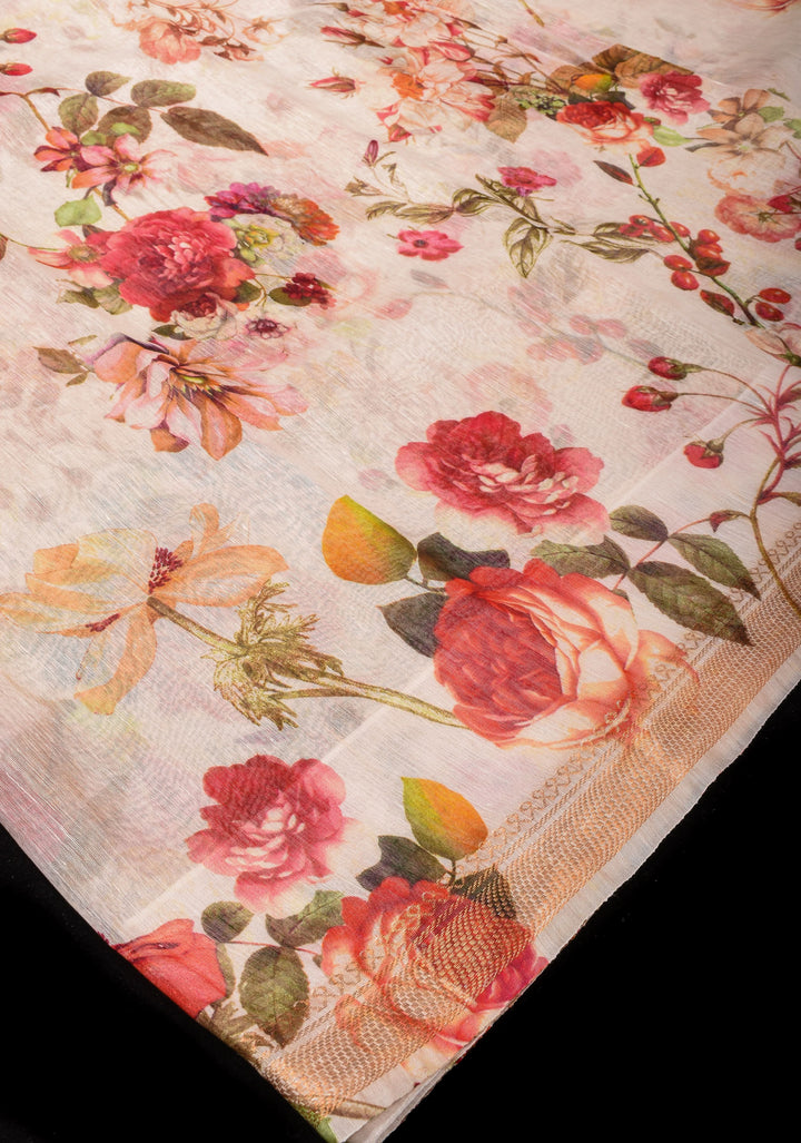 Rose Romance: Silk Linen Saree in Beige with Rose blooms, woven Zari Borders and Long Tassels