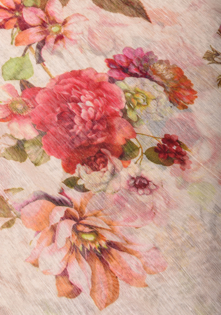 Rose Romance: Silk Linen Saree in Beige with Rose blooms, woven Zari Borders and Long Tassels