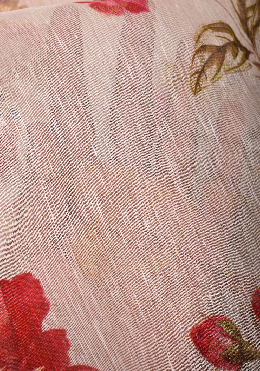 Rose Romance: Silk Linen Saree in Beige with Rose blooms, woven Zari Borders and Long Tassels