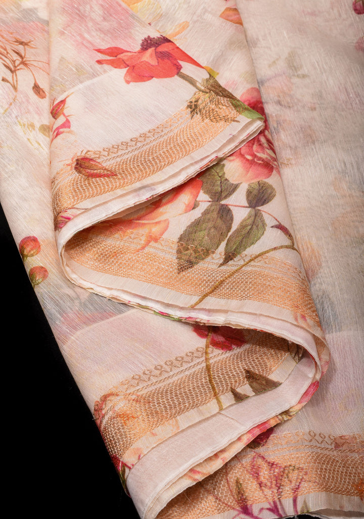 Rose Romance: Silk Linen Saree in Beige with Rose blooms, woven Zari Borders and Long Tassels