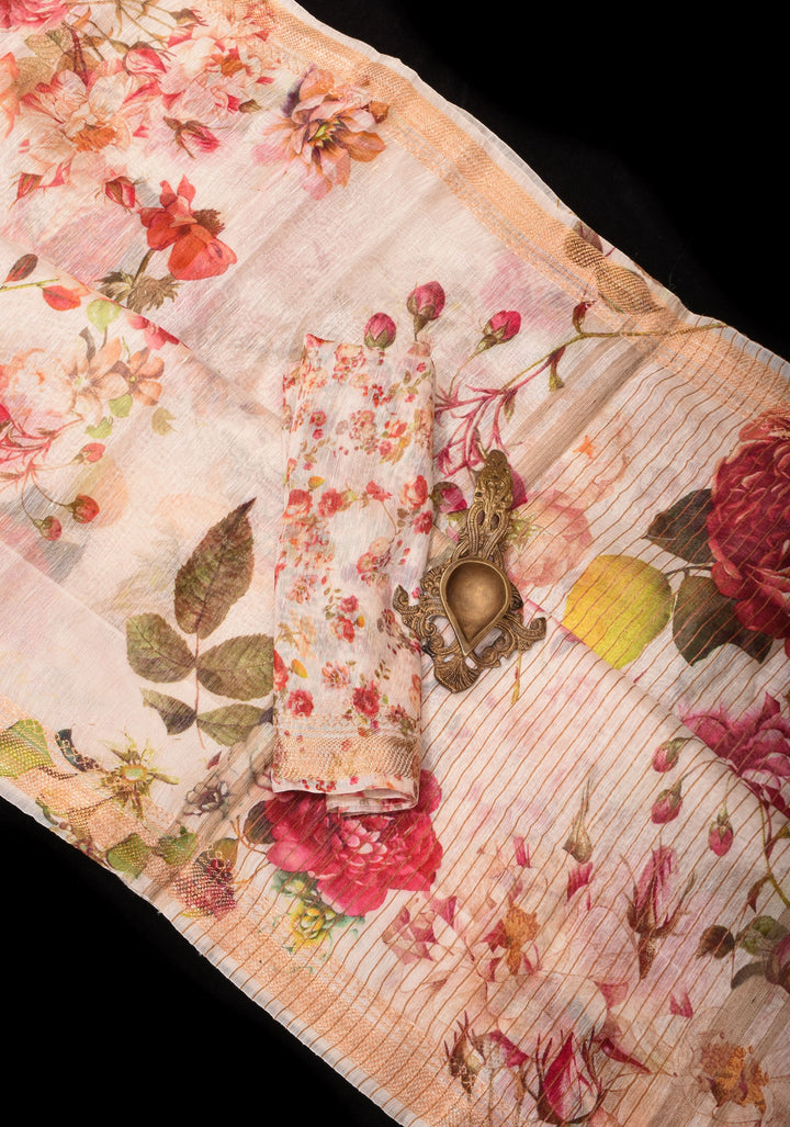 Rose Romance: Silk Linen Saree in Beige with Rose blooms, woven Zari Borders and Long Tassels
