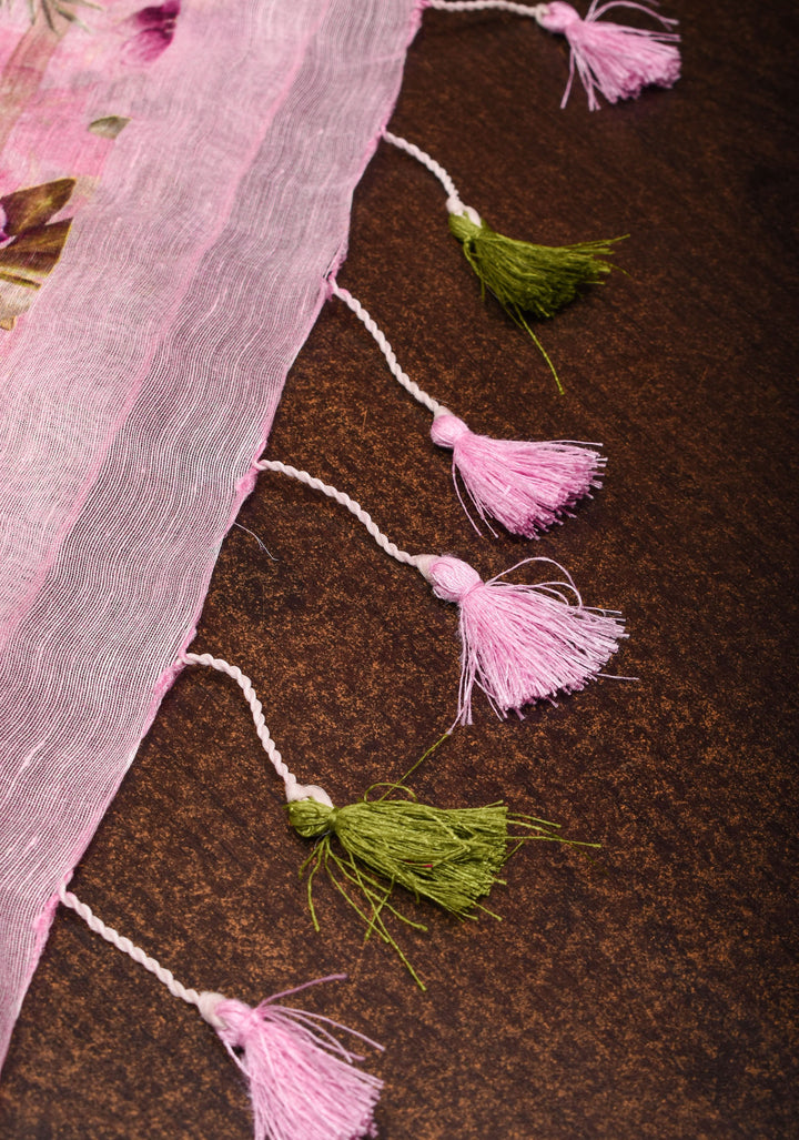 Silk Linen Saree in Baby Pink with floral digital print and zari border