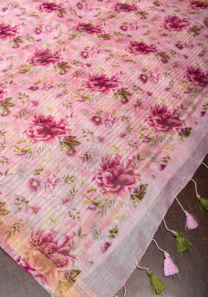 Silk Linen Saree in Baby Pink with floral digital print and zari border