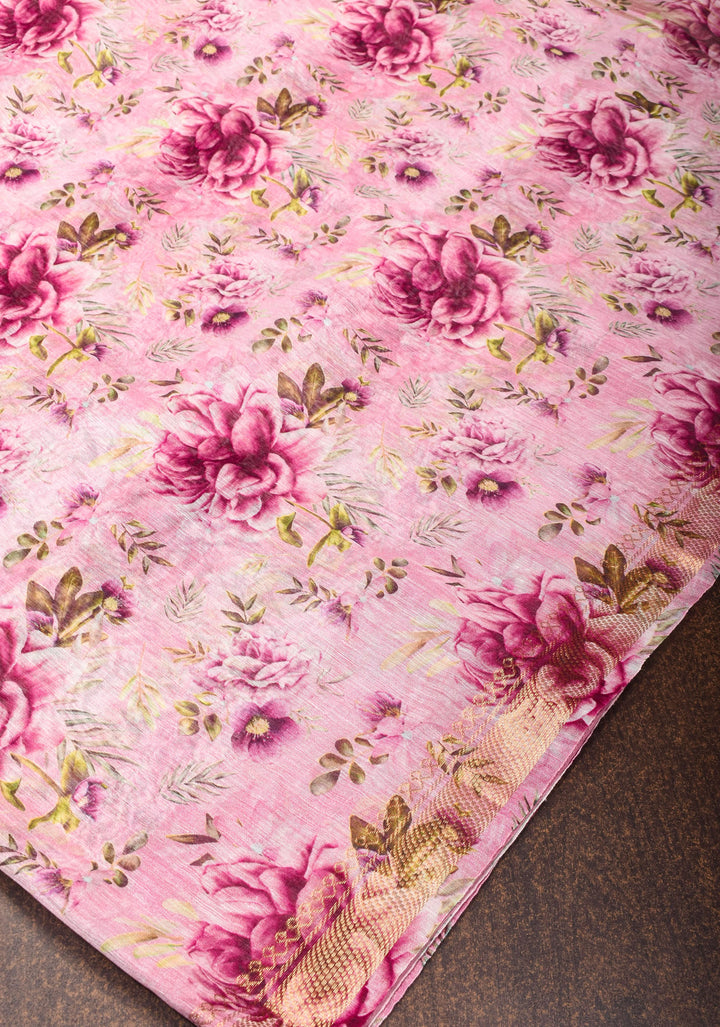 Silk Linen Saree in Baby Pink with floral digital print and zari border
